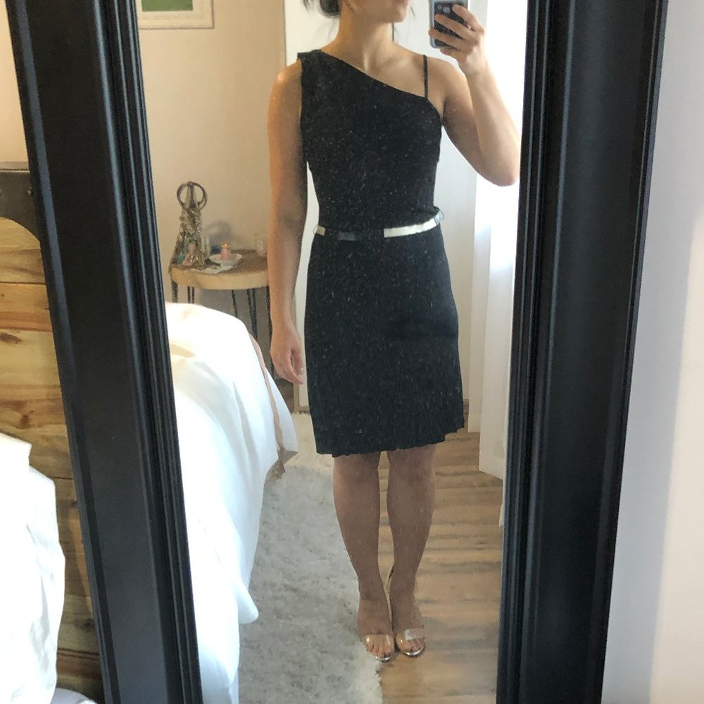 Assymetrical drape back dress with patent belt